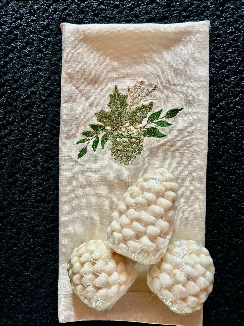 Embroidered Pinecone Hand Towel with 3 Pinecone Soaps